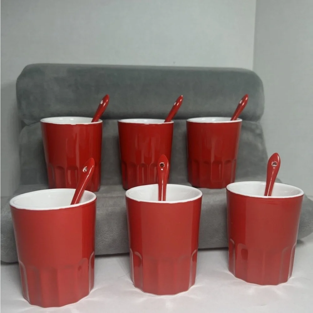 Crate&Barrel Red and White Ceramic Sorbet Set (8) Pieces Including Spoons & Cups